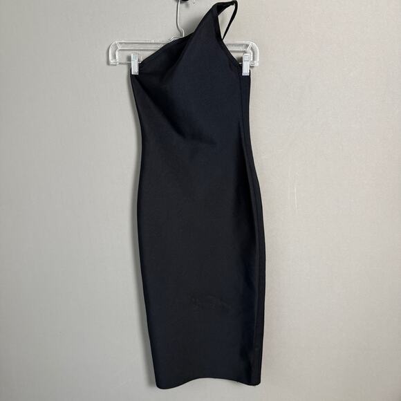Bella Barnett sz S black asymetrical shoulder strap fitted midi dress NWOT - Picture 1 of 10